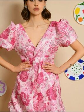 Sister Jane Pink Floral V-Neck Puff Sleeve Mini Dress